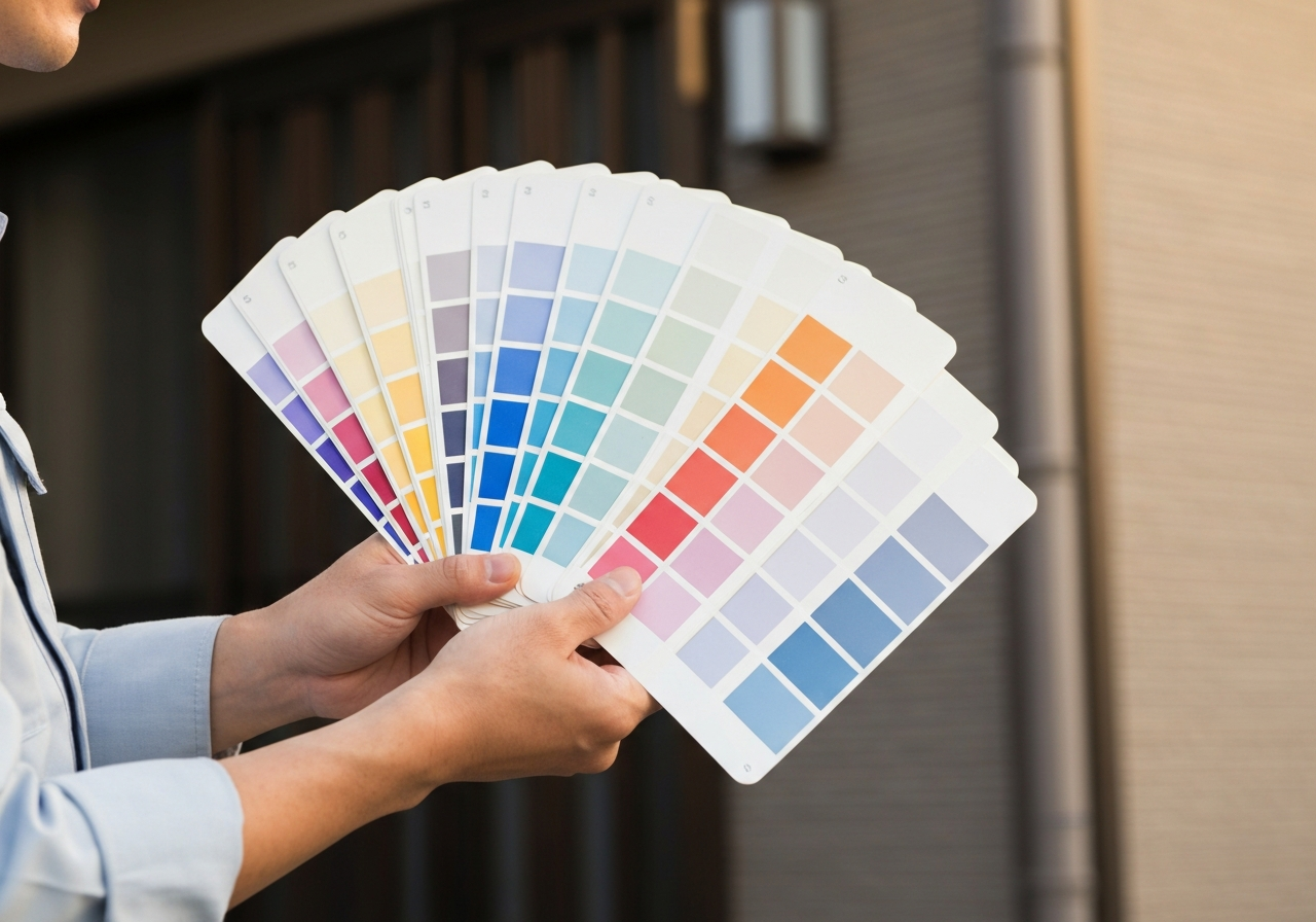 Interior painting and color consultation. Craftsman reviewing samples with client.